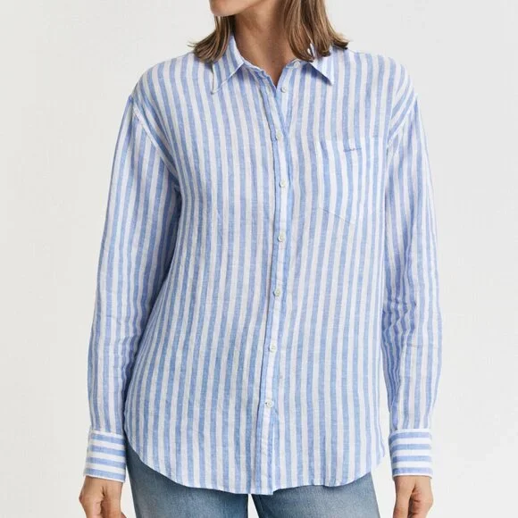 Gant Women's Linen Striped Relaxed Fit Long Sleeves Perfect Blue Shirt size US 6 - Picture 2 of 6